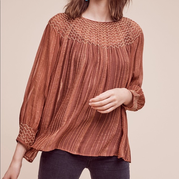 Anthropologie Tops - Anthropologie Metallic Embroidered Peasant Top